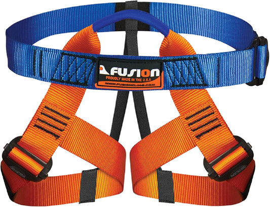Fusion Adjustable Outdoor Strap Kit for Kids – Padded Belt with Leg Loops for Tree Adventures, Indoor Obstacle Play & Gear Attachment – Blue/Orange
