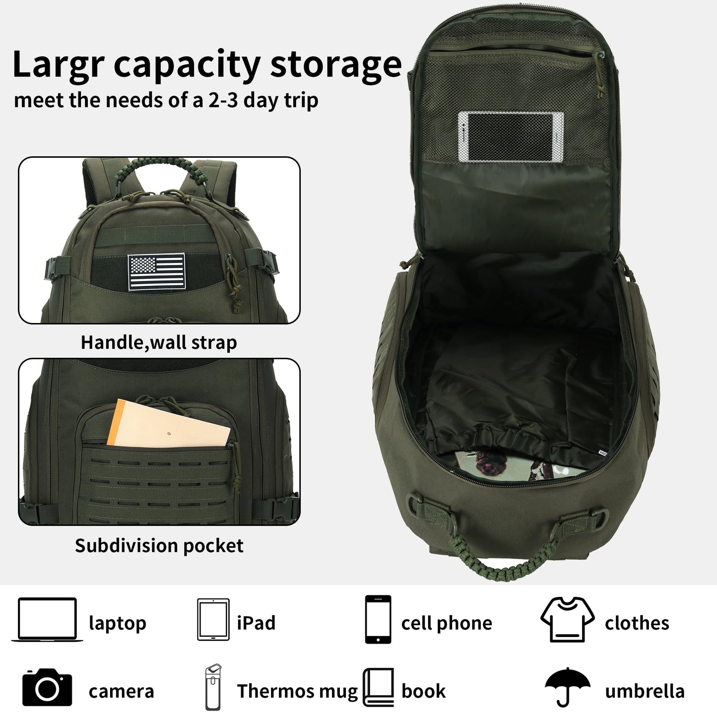 30L Hiking Backpack Lightweight Outdoor Daypack Camping Backpack Outdoor Travel Daypack Day Pack for Man Woman (Army Green)