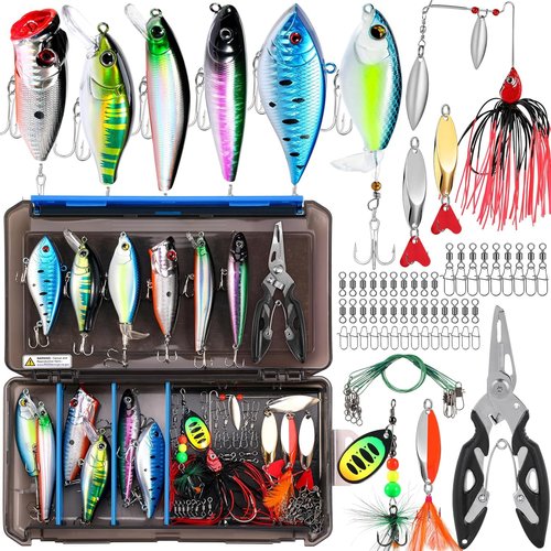 PLUSINNO Fishing Lures Tackle Box Gifts for Men, Bass, Trout Fishing Gear for Saltwater & Freshwater Including Topwater Lures, Hooks, Spinnerbaits
