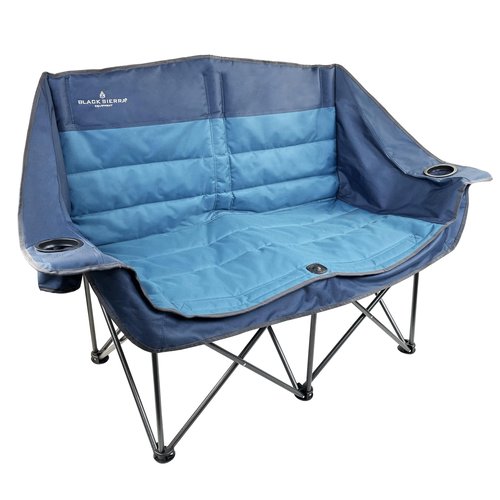 Black Sierra Double Padded Folding Camping Chair, Oversized Folding Camp Sofa, Portable Outdoor Loveseat Supports 500 lbs, Perfect for Beach, Tailgating, RV, Sports, Patio