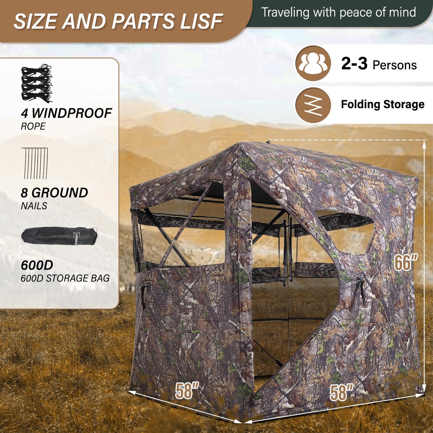 ANWEOR See Through Hunting Blind 270 Degree Portable Resilient Hunting Blind with Carrying Bag Easy Pop Up Ground Blinds for Deer Hunting Turkey Hunting 66x58x58 in