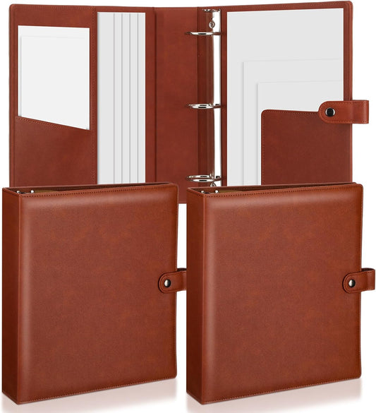ReliThick 2 Pcs Leather 3 Ring Binder 2 Round Rings for 8.5 x11 Paper and Sheet Protectors Brown Binder Organizer Interior Pockets Snap Closure Letter Size