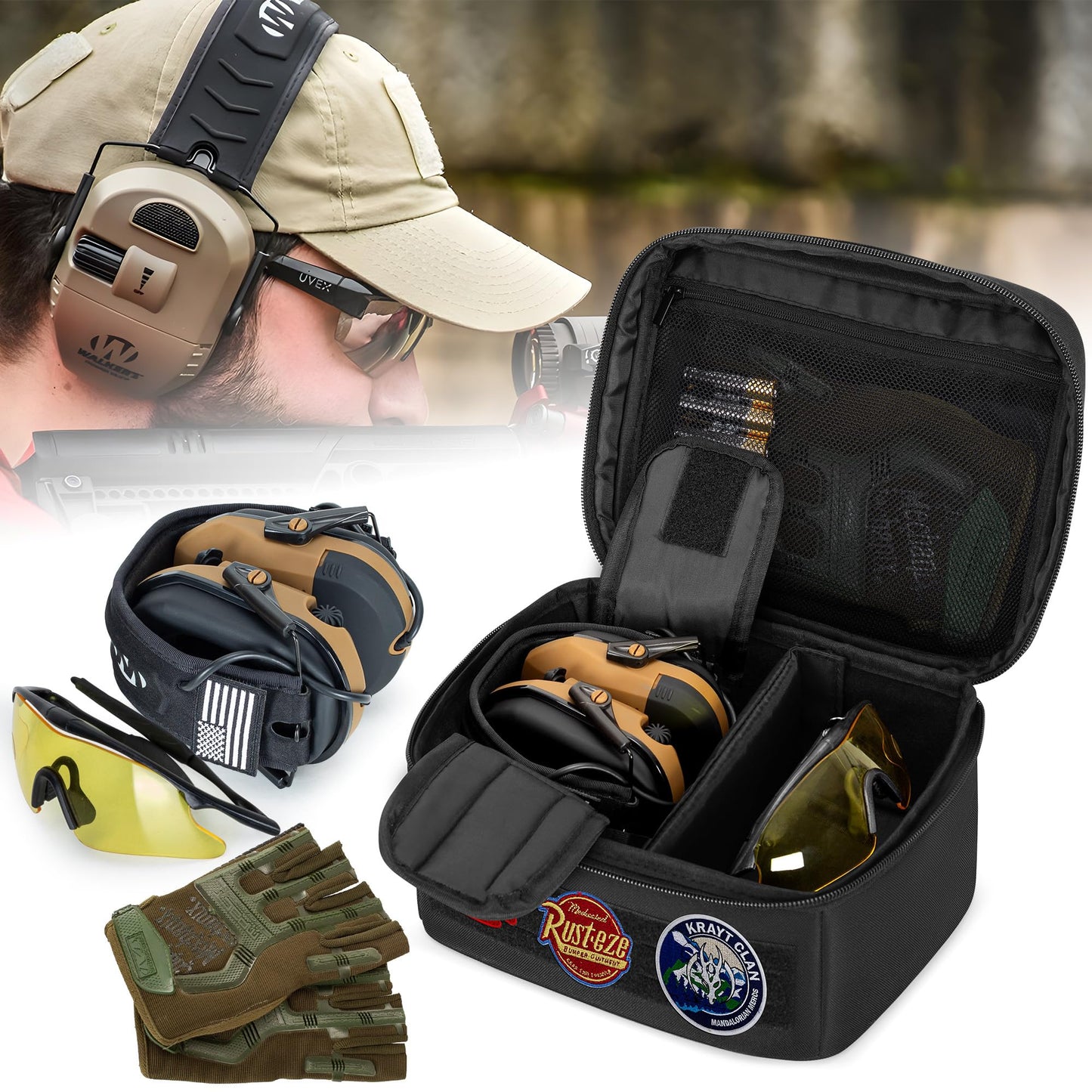 GOBUROS Shooting Earmuffs and Glasses Carrying Case, Soft Protective Carrying Storage Case for Earmuff and Shooting Glasses, Universal Earmuff Case for Hunting Shooting, Only Bag