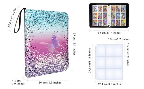 Dzhuywer Trading Card Binder for 9-Pocket 1080 Cards with 60 Removable Sleeves with Protection Zipper Easy Carrying Wristband, Portable Trading Card Albums for Boys Girls Gifts, Pink Purple Butterfly