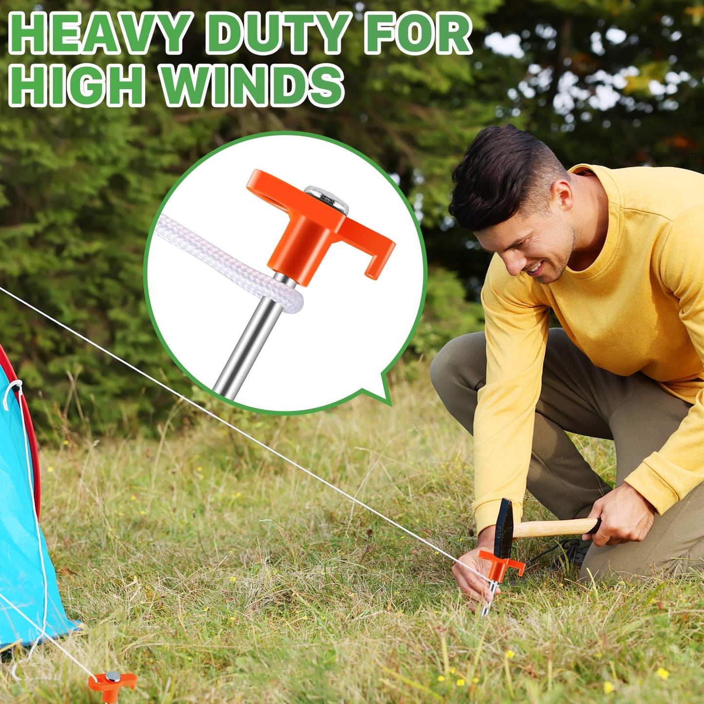 IJRPLM 20 Pack Tent Stakes,10 Inch Heavy Duty Metal Tent Pegs,Tent Pegs Camping Stakes,Non-Rust Ground Stakes Tent Spikes for Outdoor Camping Garden,with 2 Pcs 10FT Ropes(Orange)