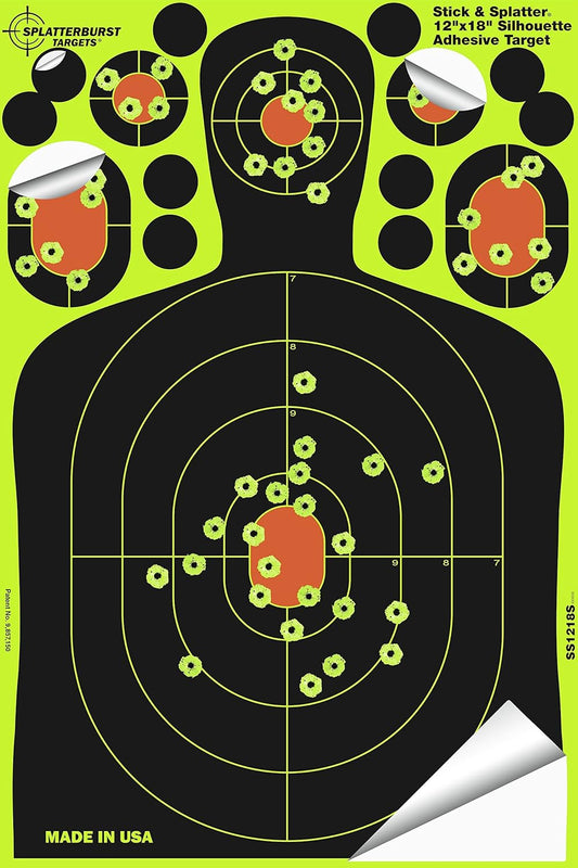 Splatterburst Targets - 12 x18 inch - Stick & Splatter Silhouette Self Adhesive Shooting Targets - Shots Burst Bright Fluorescent Yellow - Gun - Rifle - Pistol - Airsoft - Air Rifle - Made in USA