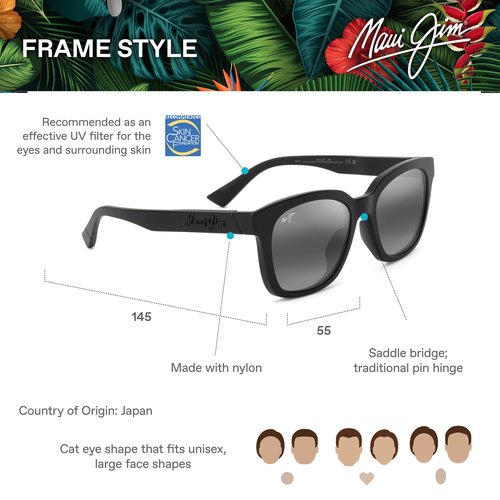 Maui Jim Honua AF Cat Eye Sunglasses, Matte Black/Neutral Grey Polarized, Extra Large