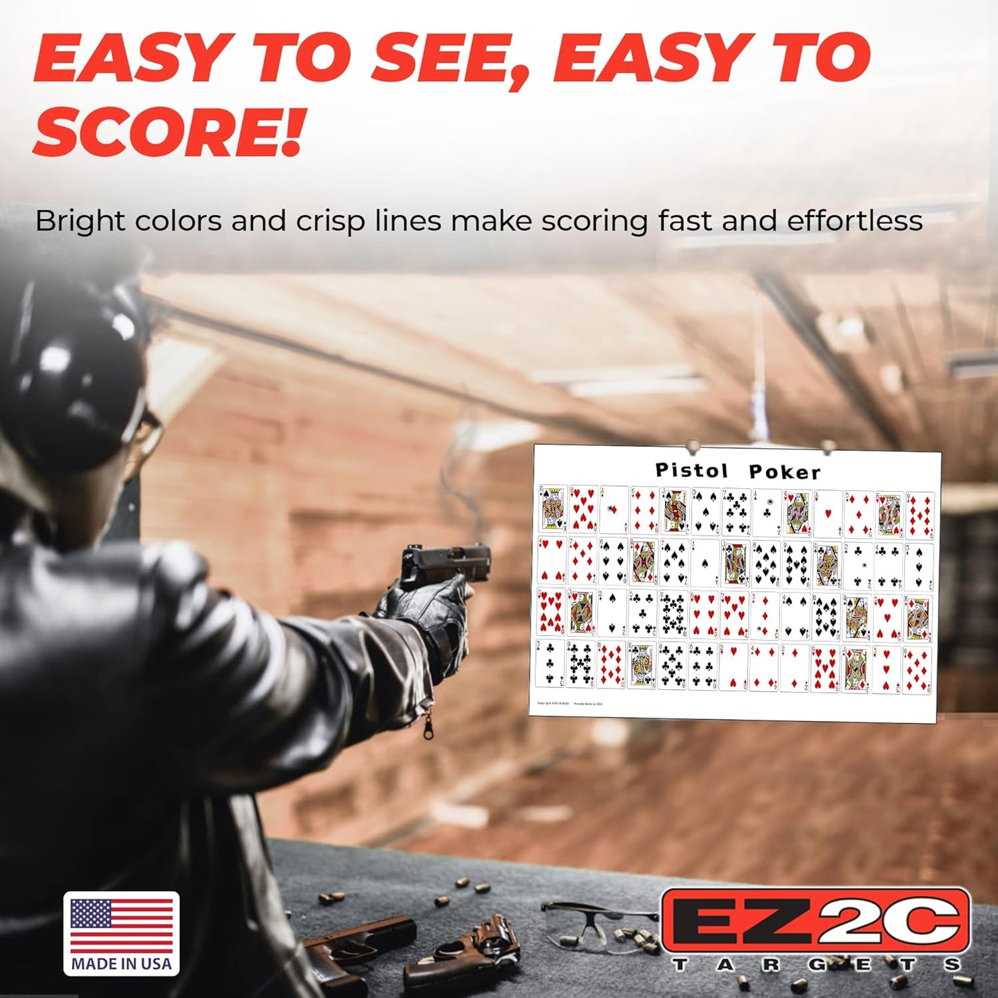 EZ2C paper targets for shooting, sheet of 52 random sorted playing cards range targets - bullseye shooting targets game on back side, both side gun target, 12"x18" (20 pack)