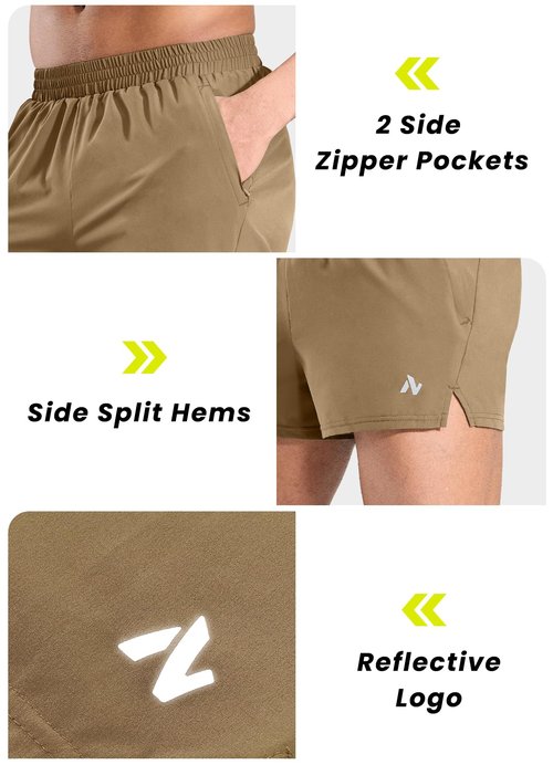 Nepest Men's 3" Running Shorts with Zipper Pocket for Athletic Workout Gym,Lightweight Liner Active Shorts Khaki S