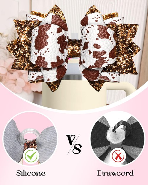 Toykee Cup Boot with Straw Cover for Stanley 40 30 oz - Cute Cow Print Bow Straw Topper and Brown Diamond Caps with Bottom Protector 3 PCS Sets for Tumbler Accessories