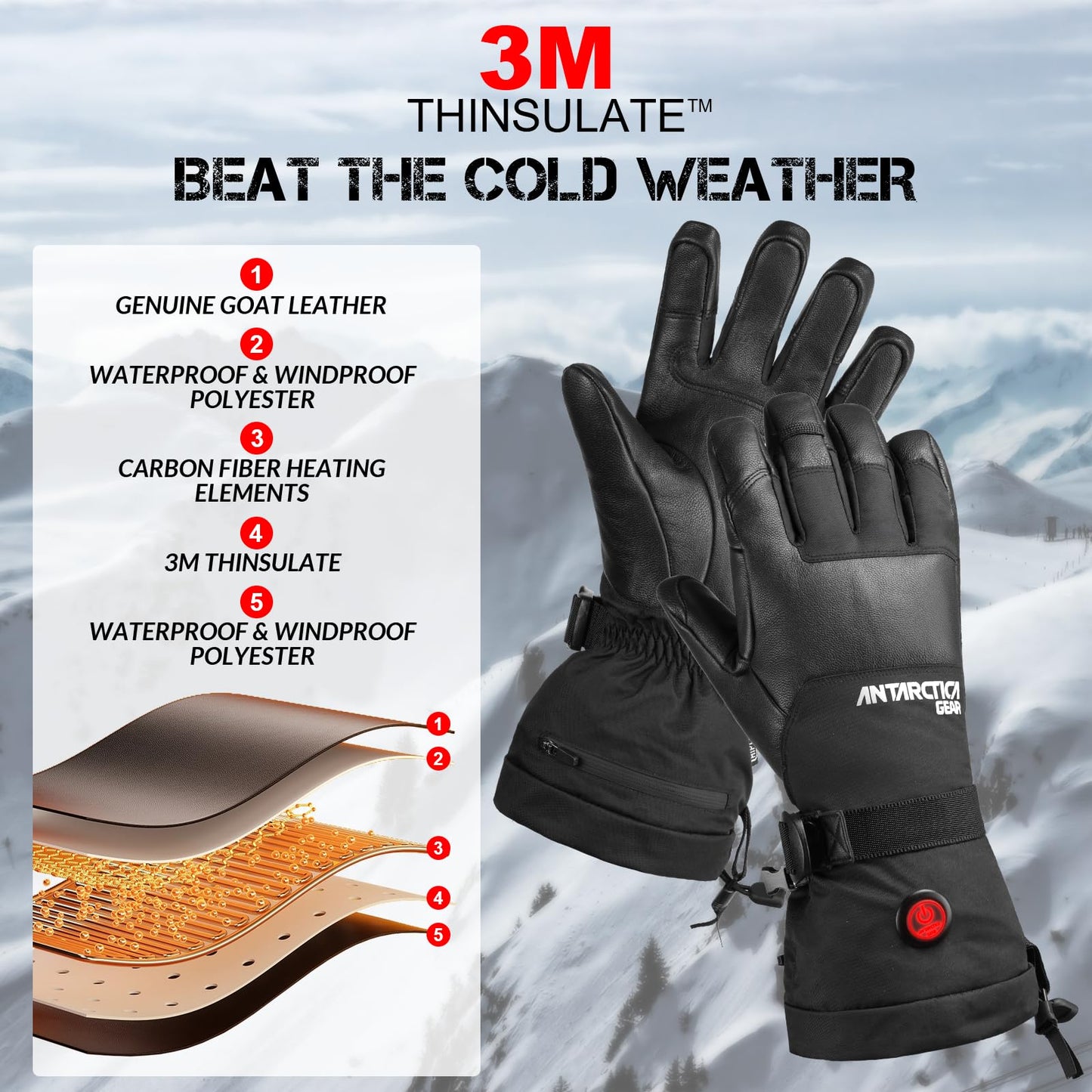 Antarctica Gear Heated Gloves for Men and Women, Winter Ski Gloves with 2 3200mAh Battery Packs, Rechargeable Heating Warm Gloves for Motorcycle for Hiking Camping Hunting