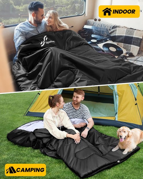 Sportneer Double Sleeping Bag: Queen Size 2 Person All Season for Warm & Cold Weather Camping Sleeping Bag with 2 Pillows, Waterproof Lightweight Large Size 86.6'' x 59''