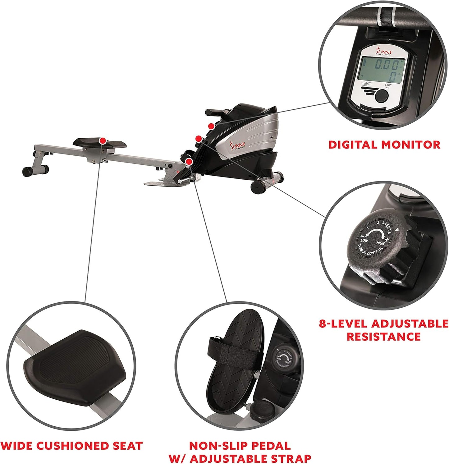 Sunny Health & Fitness Rowing Machine for Low Impact Full Body Workouts Home Training, Flip-able Equipment for EZ-Storage, Optional Magnetic or Air Resistance w/Free SunnyFit App Connection