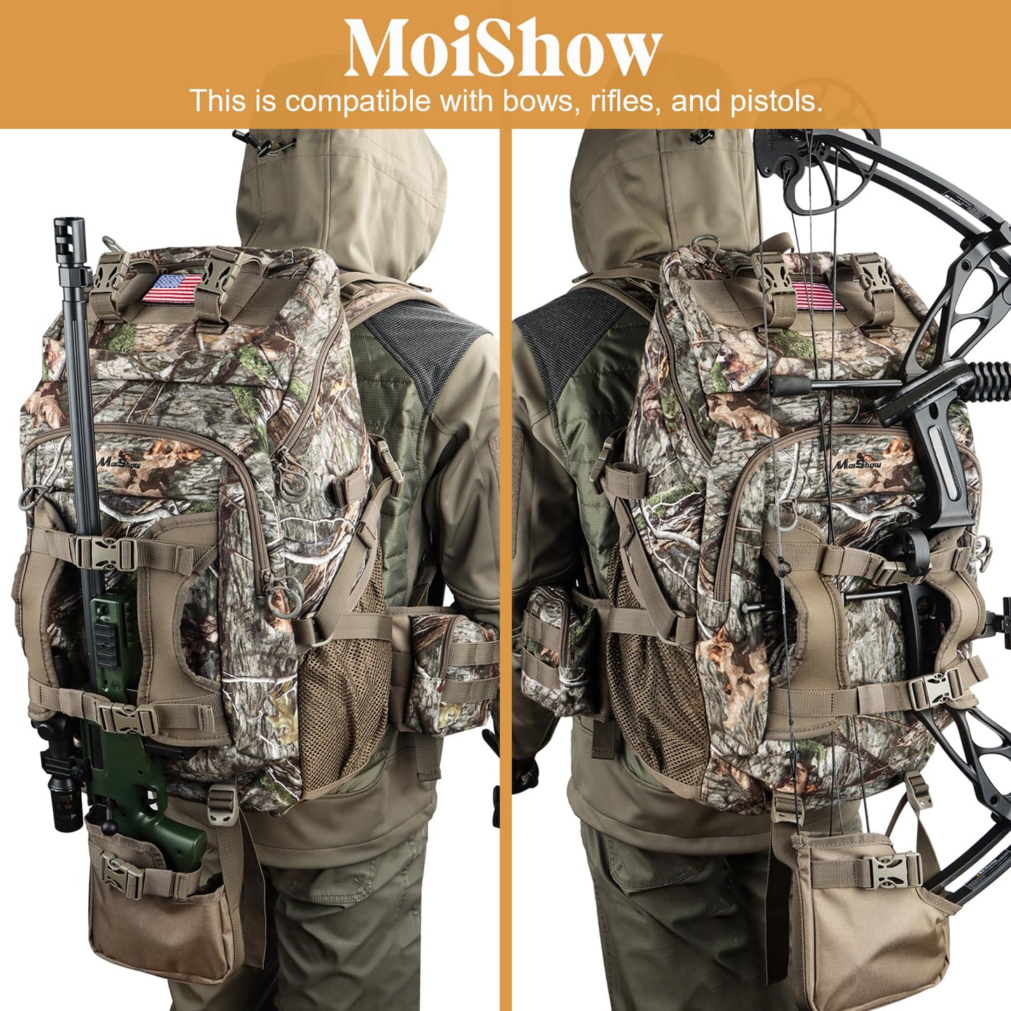 MoiShow Hunting Backpack, Outdoor Hunting Pack with Rifle Holder, Hunting Backpacks for Men, Hunting Bag with Waterproof Rain Cover