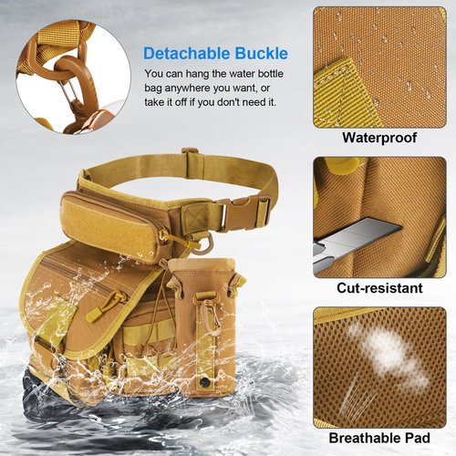 KOZEVARNY Leg Bag for Men Women Motorcycle Leg Bags Outdoor Waterproof Tactical Fanny Pack Travel Thigh Bag for Hiking Climbing Cycling Fishing Riding with Water Bottle Pouch (Khaki)