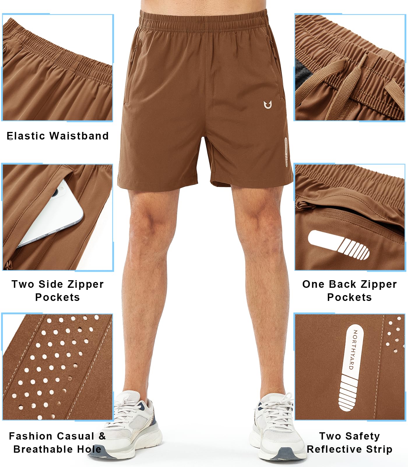 NORTHYARD Men's Athletic Running Shorts Gym Workout 7"/9"/5" Quick Dry Lightweight Sports Basketball Tennis 3 Zipper Pockets BROWN-5inch 3XL
