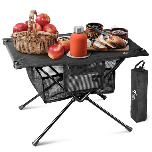 ZUNE LOTOO Portable Camping Table Folding, Small Beach Table Foldable with Drink Holder & Mesh Storage & Carry Bag Compact Camp Tent Side Table for Picnic Tailgate Travel Outdoor Fishing Backpacking