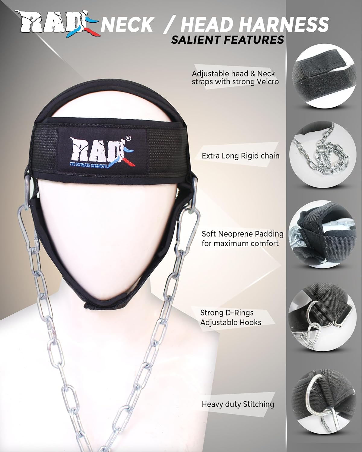 RAD Neck Harness for Neck Lifting and Weight Training | Neck Trainer with Neoprene Padding and Adjustable Chain | Improve Neck Strength and Reduce Pain