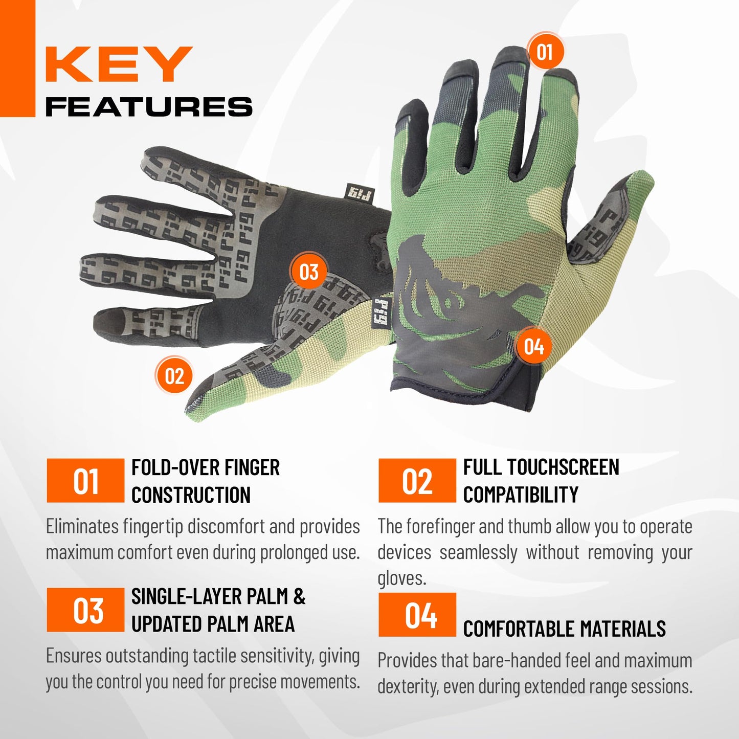 PIG Delta Utility Tactical Gloves, Touchscreen Compatible, High Dexterity, for Shooting, 1 Pair, Woodland, Small