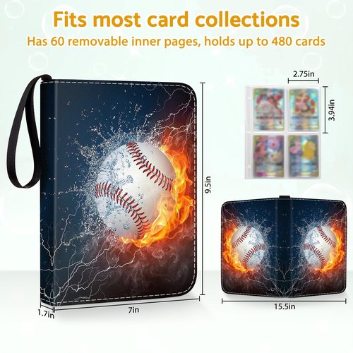 Bebomne Baseball Card Binder Holder 480 Pockets with 60 Removable Sleeves, Portable Sports Trading Cards Binder Album Collector Organizer Protectors with Zipper,Waterproof