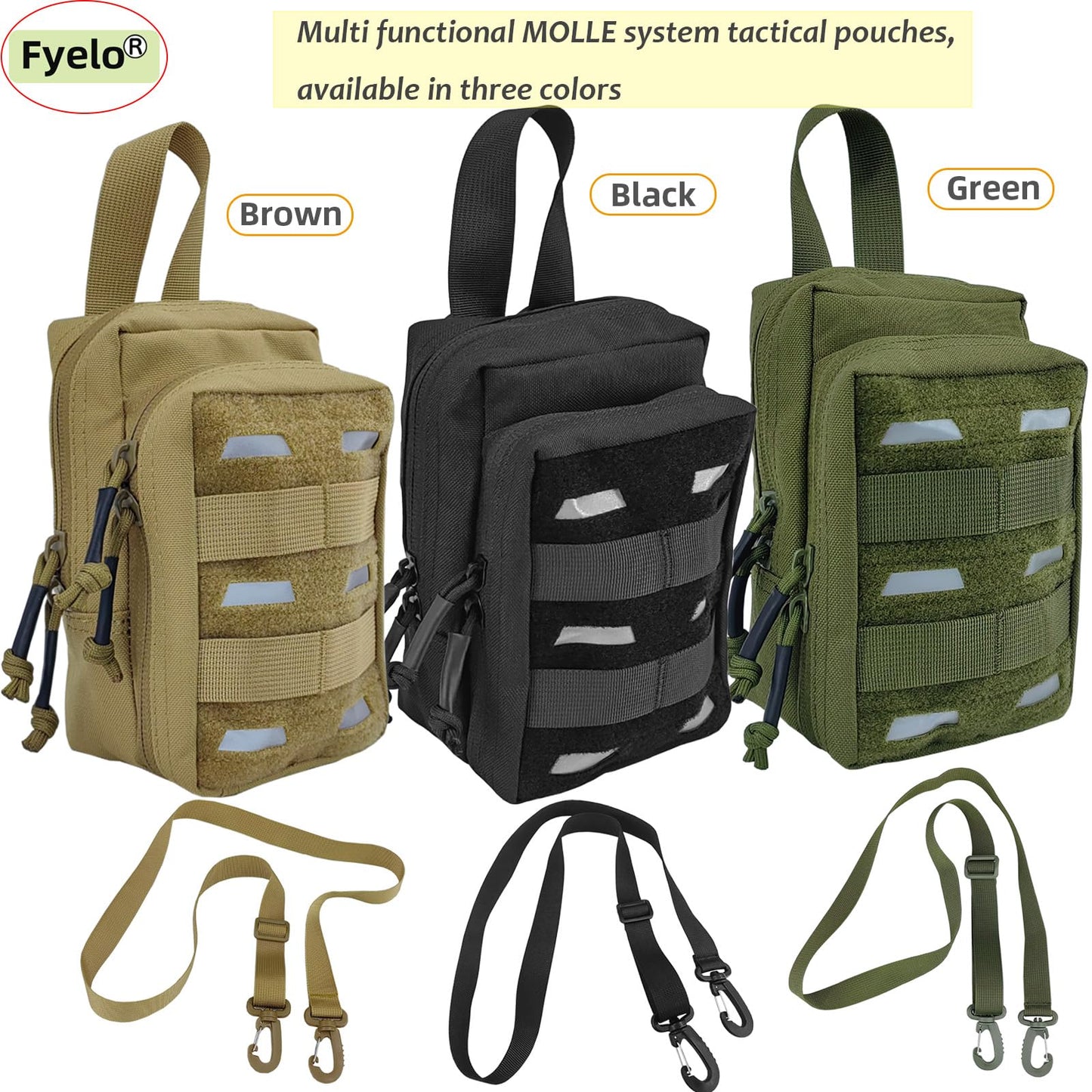 Fyelo Tactical Pouch Water-Resistant Molle Multi Functional EDC Tool Compact Bag with Strap Black/Brown/Green MOLLE Pouches (Black)