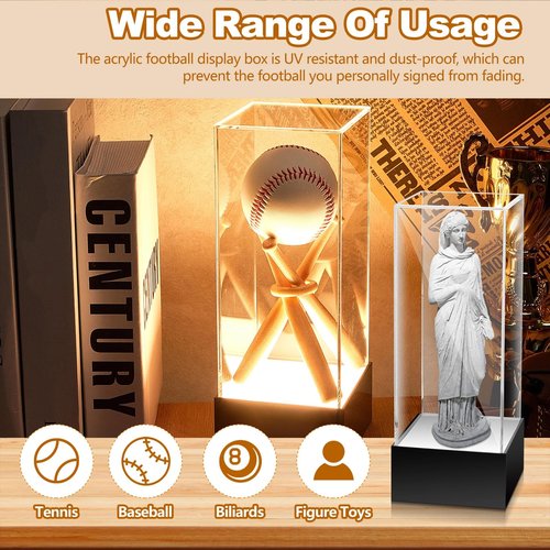Menkxi Baseball Display Case with LED Light Base Stand Holder, Wooden Sticks, UV Protected Acrylic Clear Cube for Memorabilia Ball