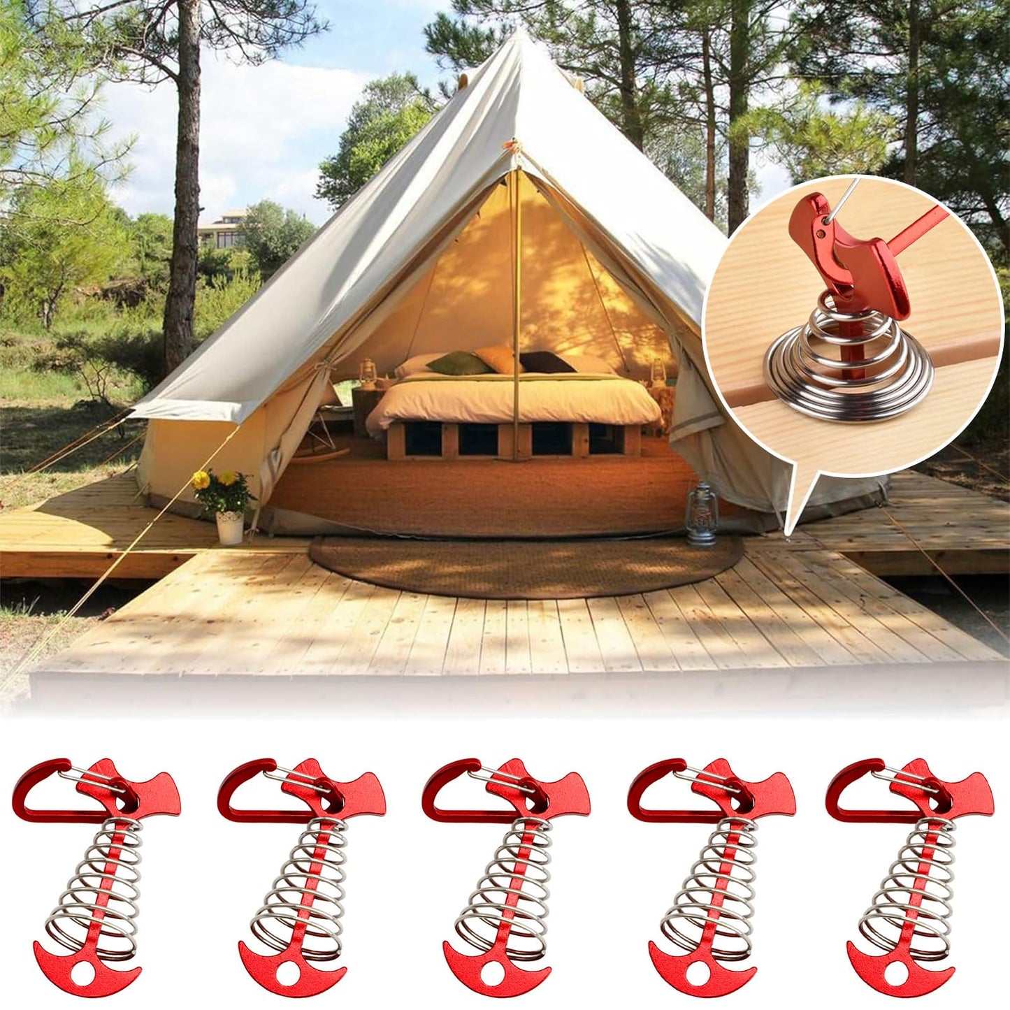 JINGIHE 5 PCS Fishbone Deck Anchor Pegs, Red Deck Furniture Anchors, Deck peg with Spring Buckle, 2.9 Inch x 1.4 Inch Adjustable Anchor Deck pegs, Tent Decks Anchors for Camping Hiking Supplies