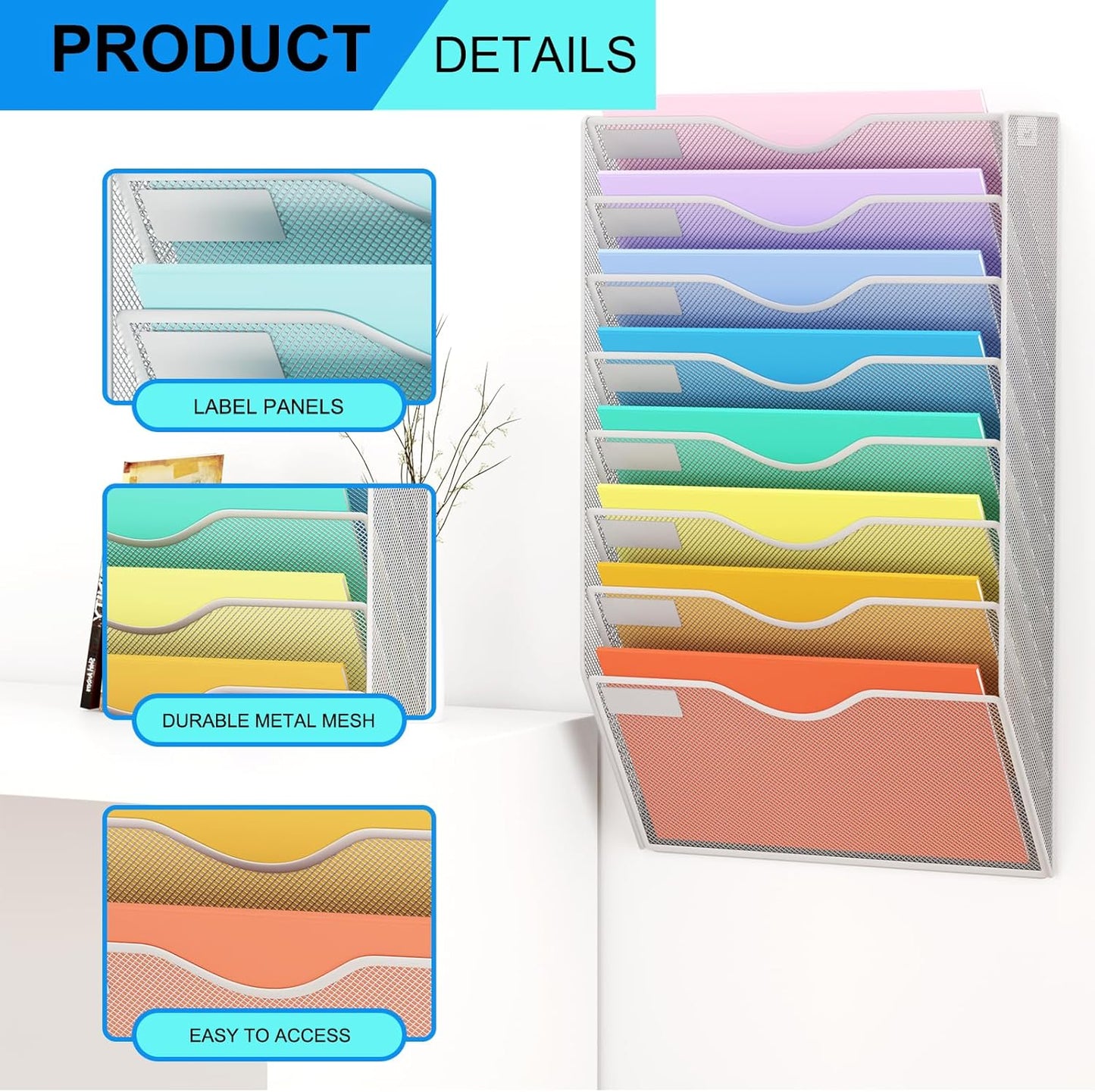 5 Pockets Mesh Hanging Wall File Holder Organizer Wall Mounted Paper Magazine Rack, Black