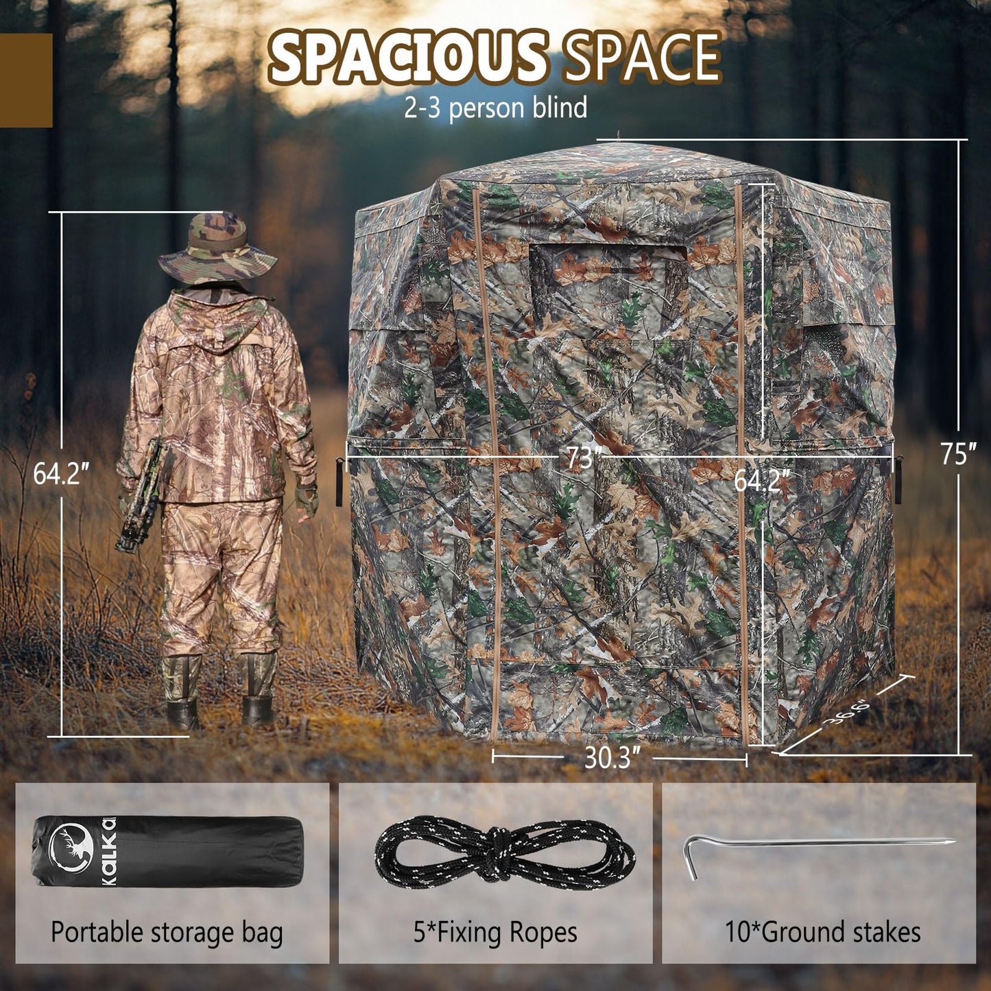 Kalkal Hunting Blind with Full Open Door, 2-3 Person 300° See Through Hunting Blind with Portable Bag, Stable 6-Sided Pop Up Ground Blind for Deer Turkey Bear Hunting