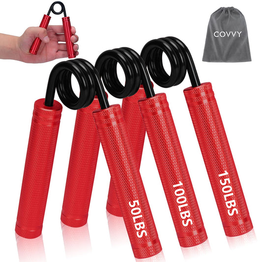 COVVY Metal Hand Grip Strengthener Set (50, 100, 150lbs), Grip Strength Trainer, Crushing Pinching Grip Trainer, Forearm Exerciser, Gripper Fitness Equipment with Sponge Pads and Carry Bag (Red)
