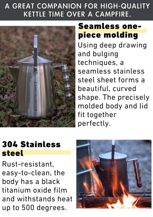 CAMPINGMOON 1.5L Campfire Kettle Stainless Steel Camping Coffee Pot Full capacity 1.86L SW-6