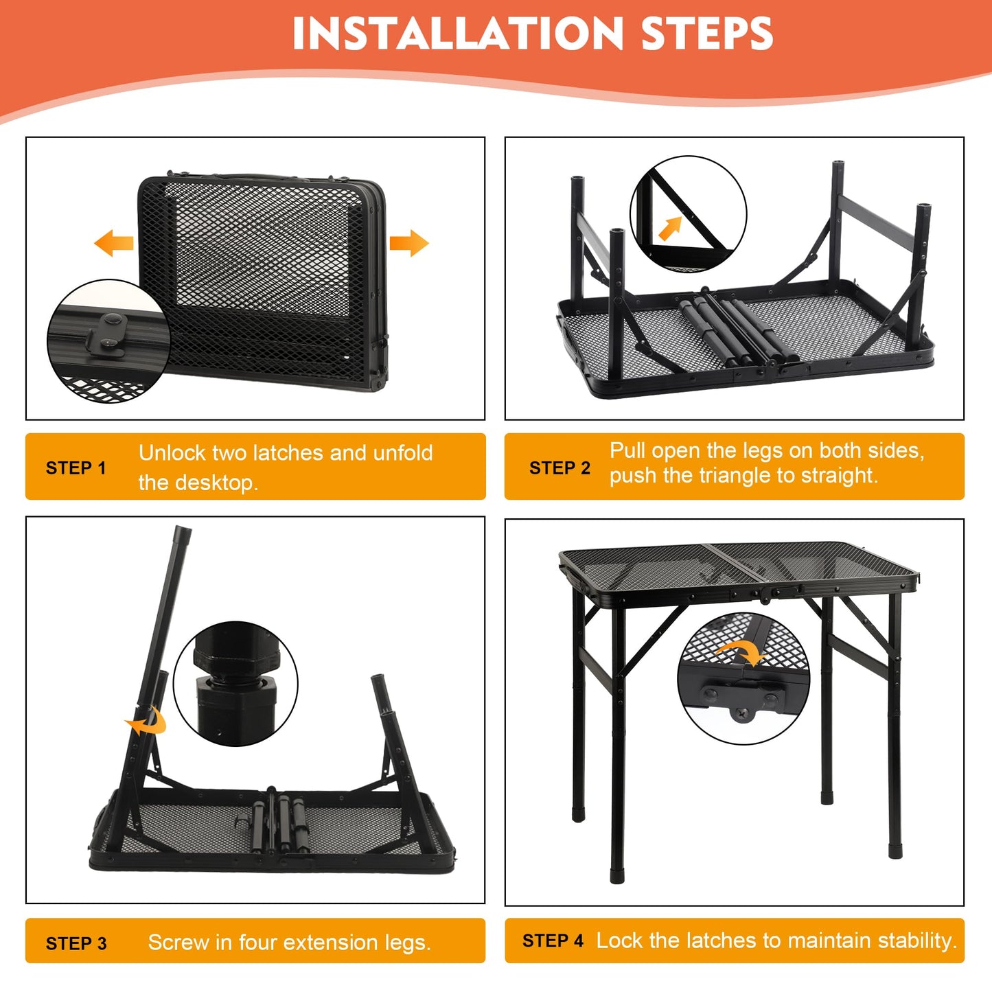GREGIN Camping Table with Mesh Desktop, Lightweight & Portable Small Folding Grill Table, Height Adjustable Metal Outdoor Table for Camp, Cooking, BBQ, RV, Picnic-2 FT Black