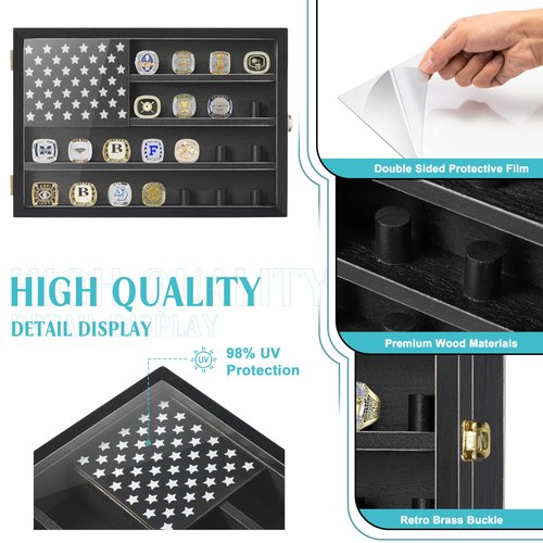 Sports Ring Display Case 11"x15", Commemorative Storage Box HD Acrylic Glass for 22 Championship Rings, Wooden Baseball Ring Holder with Flag for Footabll Softball Superbowl Trophy Rings Souvenir
