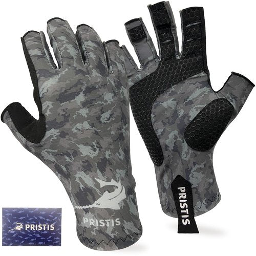 Pristis Half-Finger Fishing Gloves, UPF 50+ Breathable Quick Drying UV Protection Thin Fingerless Sun Gloves for Women Men, Fly Fishing Kayaking Hunting Hiking Saltwater, Wasteland CAMO, L-XL