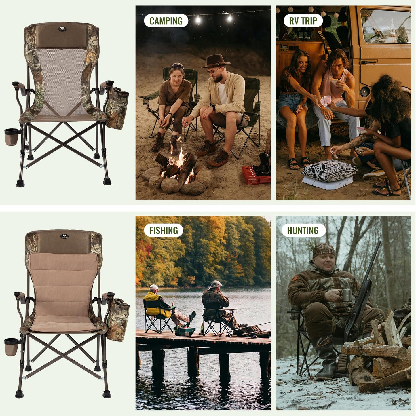 Jungleland Camping Chairs for Adults, 350lbs Support Lawn Chairs, Heavy Duty Portable Chair with Cup Holder & Cooler Bag, for Travel, RV Trip, Fishing, Hunting (Mesh Back&Cushion)