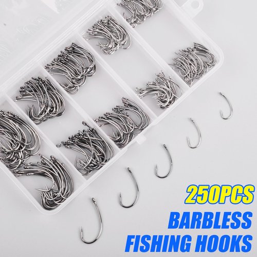 Barbless Fishing Hooks Kit, 250pcs Carp Fishing Trout Hooks Circle Curved Shank Fly Tying Hooks for Hair Rig Carp Fishing Tackle Saltwater Freshwater