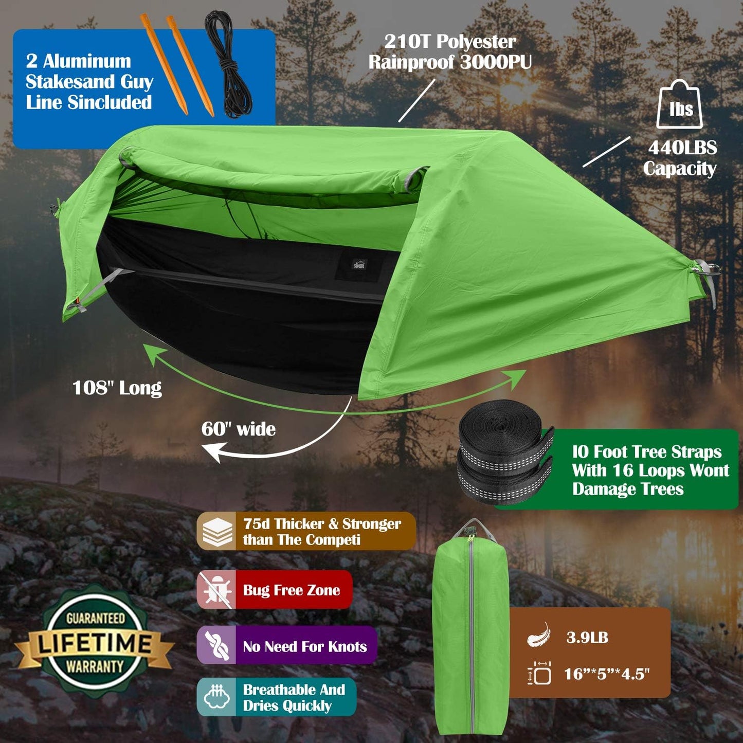 WintMing Hammock with Mosquito Net and Rain Fly Cover 3 in 1 Camping Hammock Tent 440lbs Load