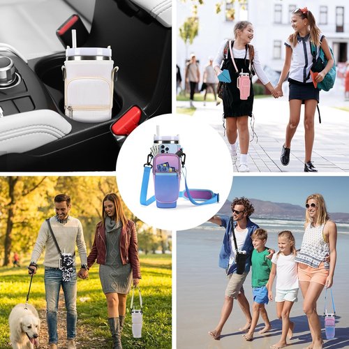 SANNADADOWater Bottle Carrier Bag with Phone Pocket for Stanley 40oz Tumbler Simple Modern Tumbler with Handle 40oz Tumbler Carrier With Strap Stanley Accessories (Gradient Purple)