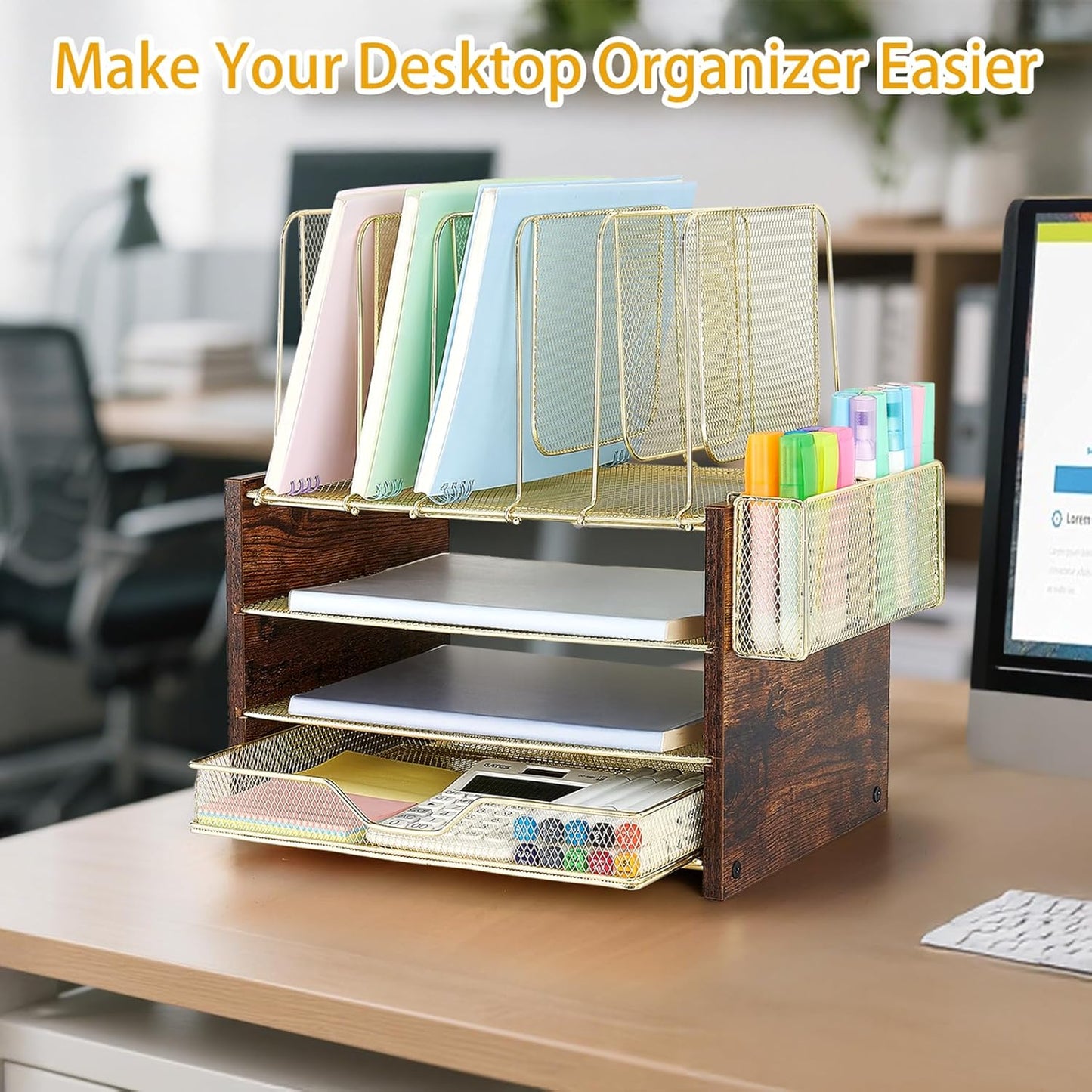 Wood Desk Organizers and Accessories, 4-Tier Workspace Desktop Paper Organizer with Drawer, 5 Vertical File Holders and Pen Holder for Office Supplies