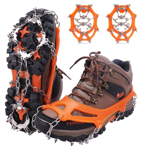 WIN.MAX Crampons for Shoes, Traction Cleats Ice Snow Grips with 19 Stainless Steel Spikes, Shoe Talons Anti - Slip Boots Spikes for Walking, Jogging, Climbing and Hiking (Orange, L)…