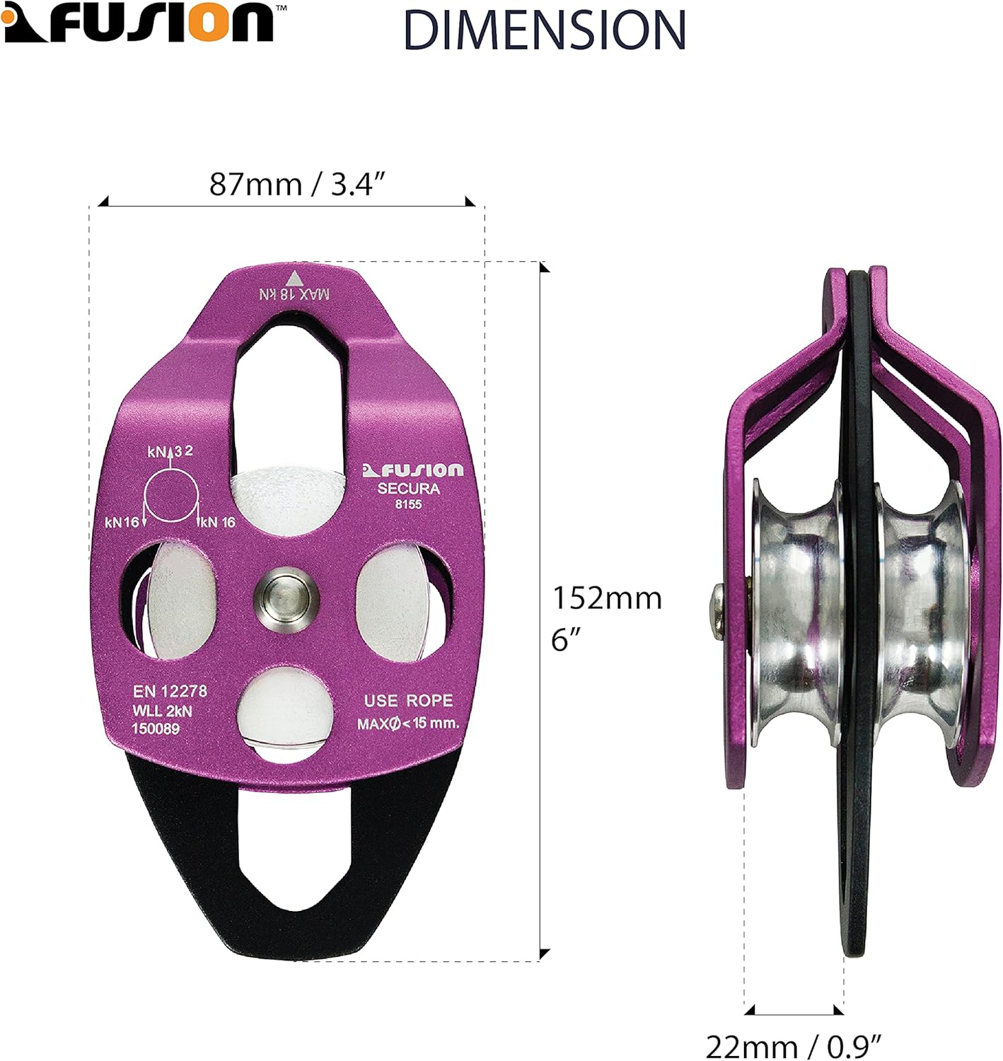 Fusion Climb Lightweight and Durable Aero Space Aluminum Alloy Double Pulley Swing Plate 32kN for Progress Capture System Rigging Hauling Rescue Arborist Tree Climbing