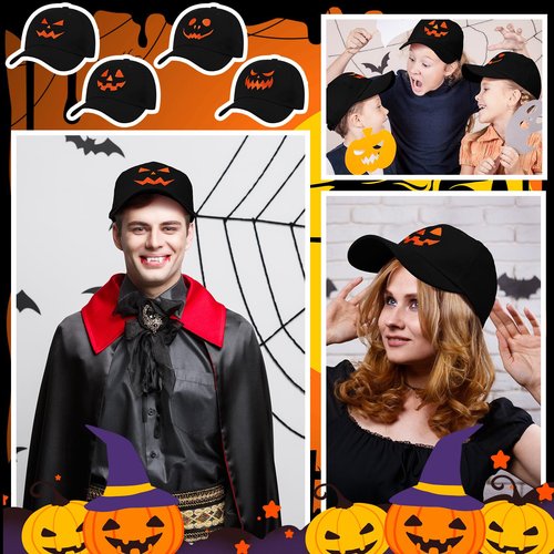 Suhine 4 Pcs Halloween Baseball Cap Pumpkin Baseball Cap Embroidery Pumpkin Face Dad Hat Unisex Halloween Hat for Men Women Halloween Party Decoration, 4 Styles Black and Orange
