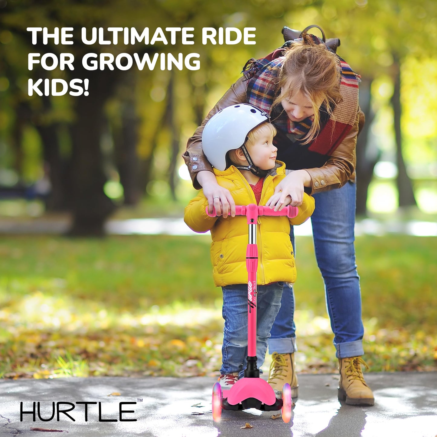 Hurtle Mini Kickboard Scooter for Kids - Height Adjustable 25''-28'', Lightweight 3-Wheel with LED Light-up Wheels, Anti-Slip,Indoor/Outdoor Fun, Micro Scooters for Ages 2-5 (Watermelon)