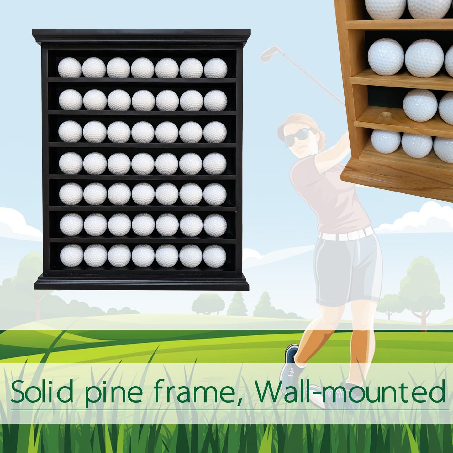 Golf Ball Display Cabinet | Holds 49 Balls | Ideal Collector Gift | Elegant Wall & Table Mount | Solid Wood | Perfect for Enthusiasts Golf Ball Diplay Case Shadow Box for 49-Ball Display Cabinet