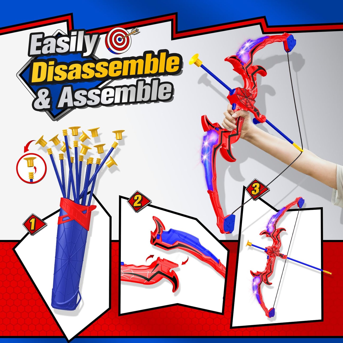 Aetyni Spider Bow and Arrow for Kids, 2 Pack Archery Target Outdoor Toys Age 5-7 8-13 Boys Toys Light Up Shooting Games for 4 5 6 7 8-12 Year old Boy Birthday Gifts Bow Arrow Indoor Cool Stuff for Kid