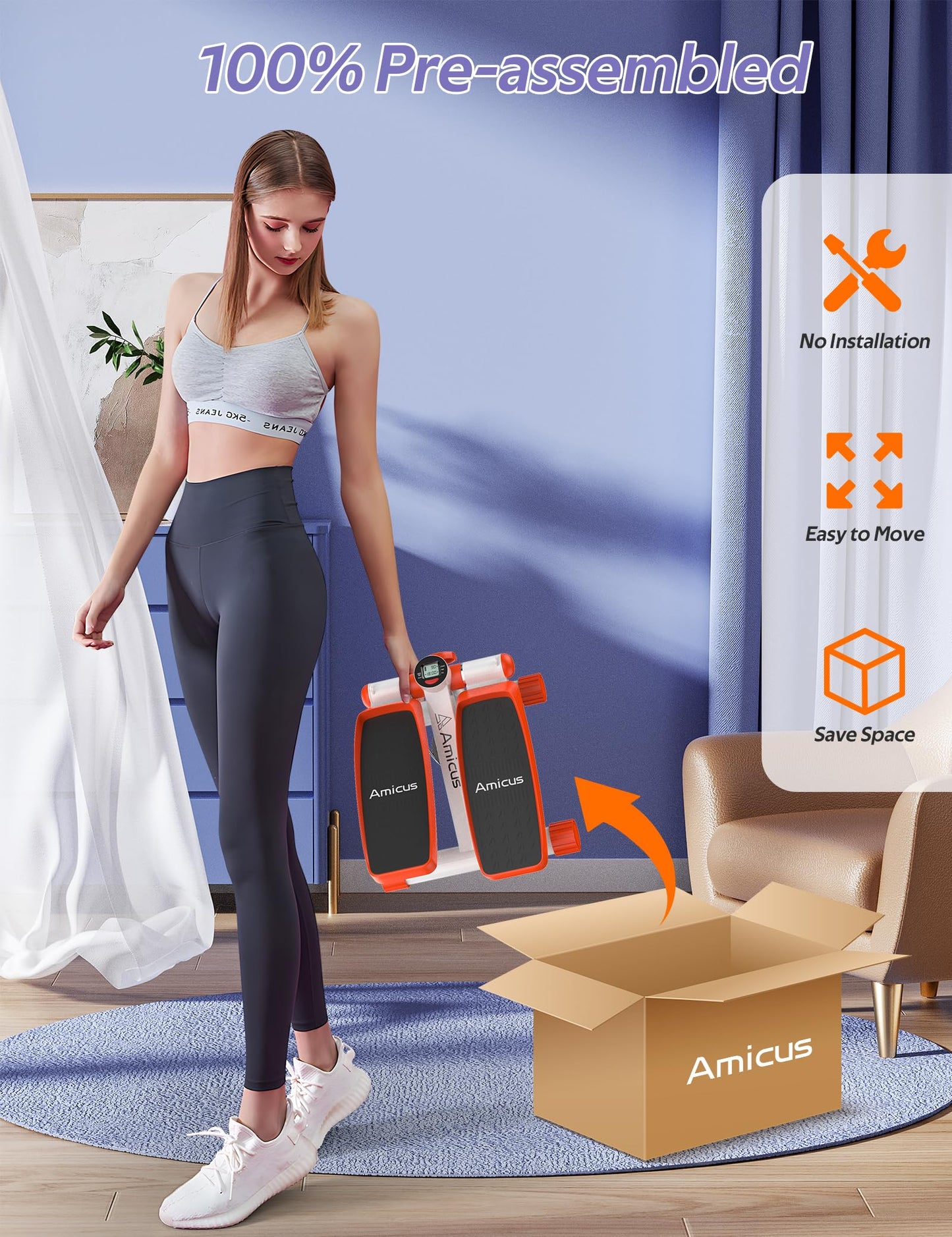 Amicus Mini Stepper for Exercise, Stair Stepper with Resistance Bands, Hydraulic Fitness Stepper Exerciser Machine for Home, 330lbs Weight Capacity, Orange White