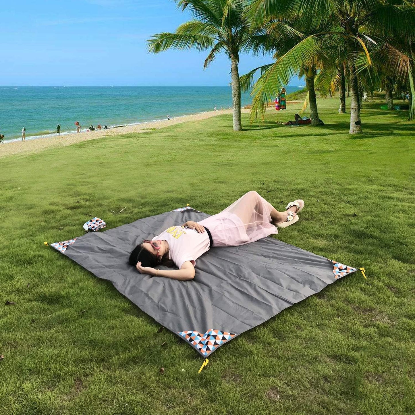 Outdoor Blanket (71" x 55") -Compact, Lightweight, Sand Proof Pocket Blanket Best Mat for The Beach, Hiking, Travel, Camping, Festivals with Pockets, Loops, Stakes, Carabiner