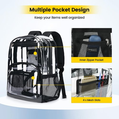 Vorspack Clear Backpack Heavy Duty - Large Transparent Bookbag for Adults, See Through Backpack for College, Work, Travel - Black