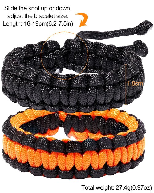 Xfoxstal 2Pcs Two-tone Paracord Bracelets Adjustable Handmade Braided Survival Bracelets for Women Camping Traveling Climbing Outdoor (Black and Orange)