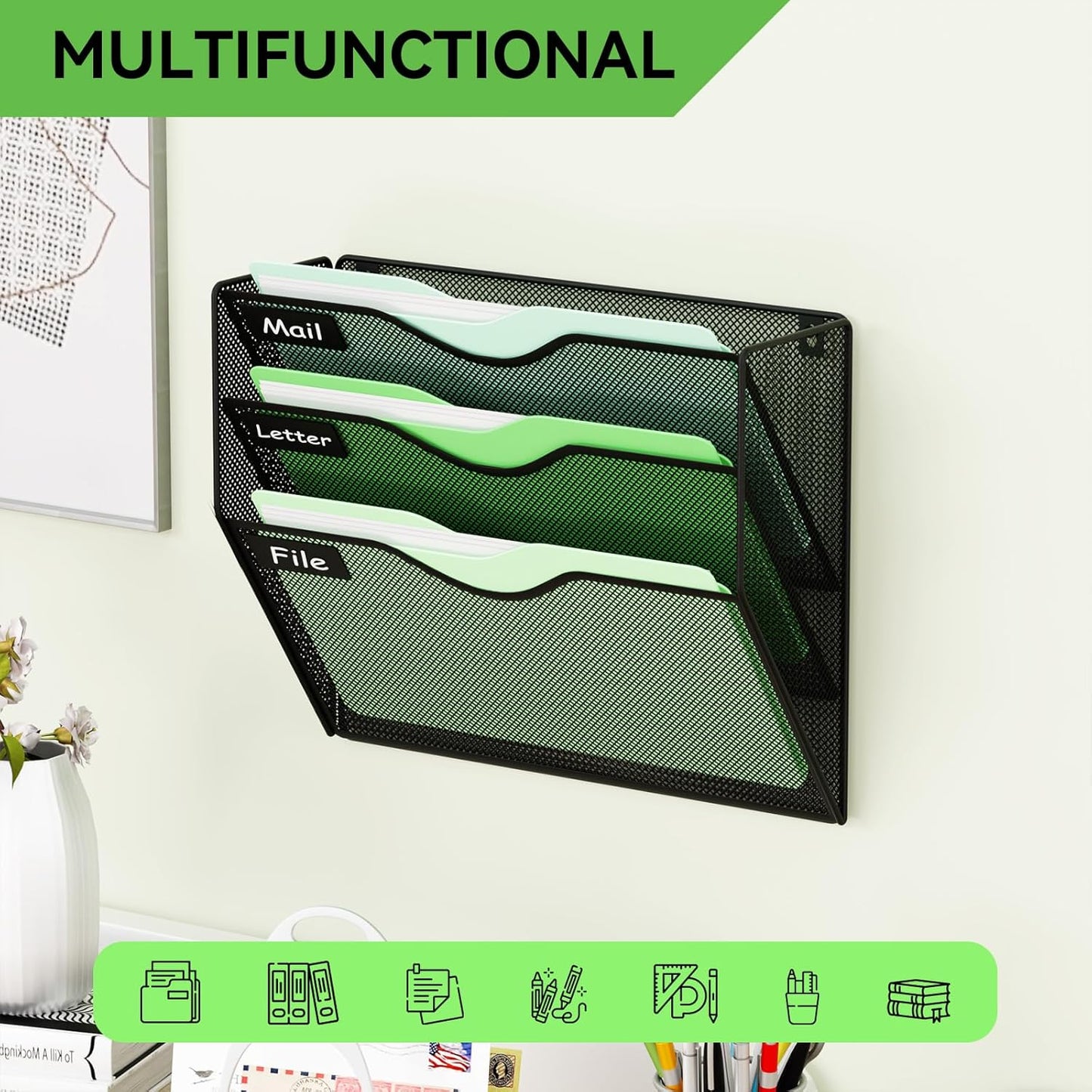 5 Pockets Mesh Hanging Wall File Holder Organizer Wall Mounted Paper Magazine Rack, Black